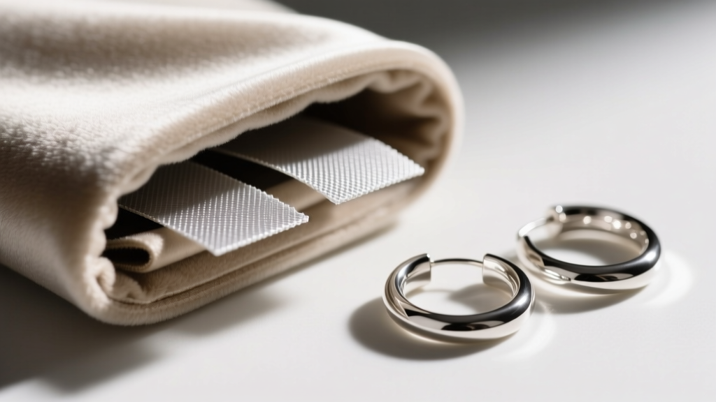 Close-up of anti-tarnish strips tucked inside the plush polyester lining of a fabric jewelry roll next to sterling silver hoops.