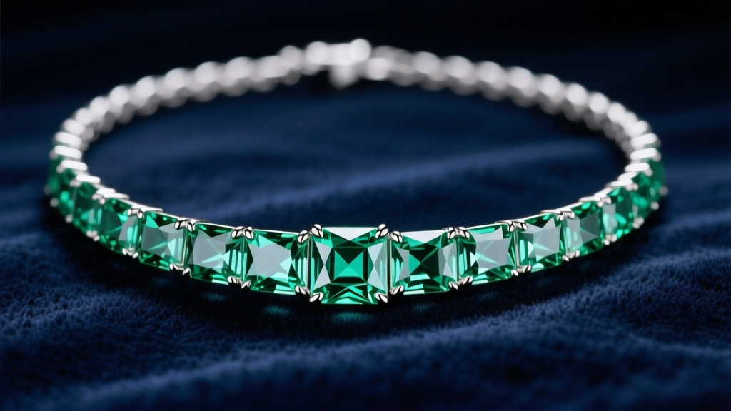Emerald cut diamond tennis necklace on dark velvet, showing step-cut facets and white gold prong settings in soft studio lighting.