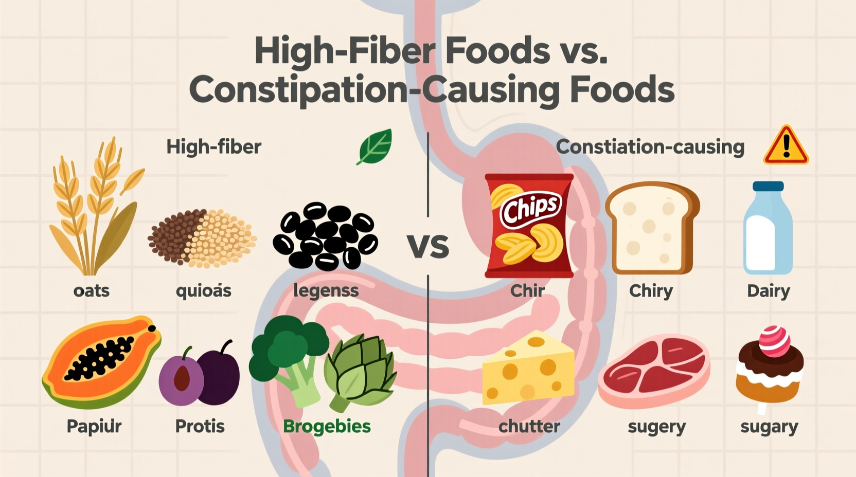 High-fiber foods versus constipation-causing foods comparison