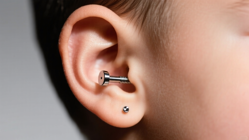 Side view of a child ear wearing an 18-gauge titanium flat back labret stud, highlighting the smooth post and secure threading.