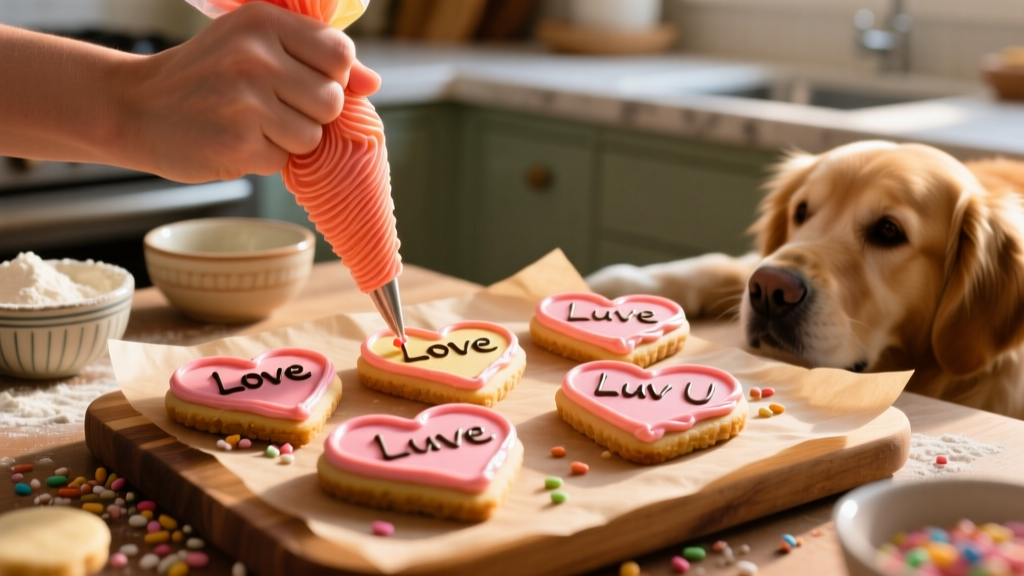 Hand piping colorful frosting onto heart-shaped dog treats with phrases like 'Love' and 'Luv U'