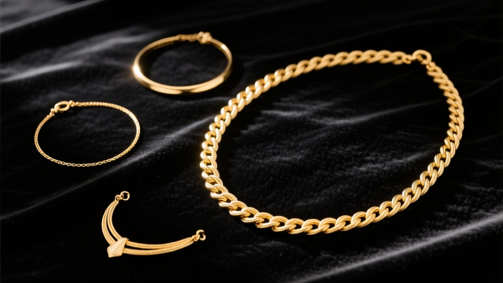 Elegant flat lay of five distinct gold necklaces ranging from 14-inch chokers to 36-inch ropes on dark velvet, soft studio lighting.