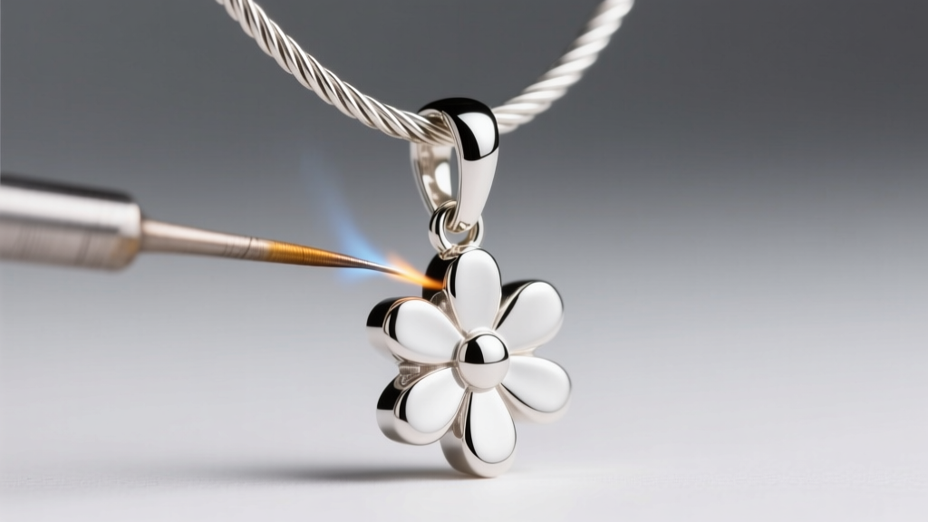 Extreme close-up of a soldered jump ring connecting a delicate cable chain to the hidden bail of a white gold daisy pendant.