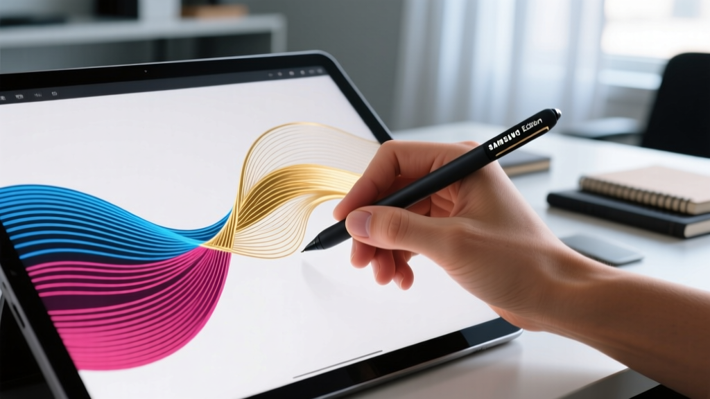 Close-up of a digital artist hand using a Samsung S Pen Creator Edition on a Galaxy Tab S10 Ultra screen showing detailed vector line art