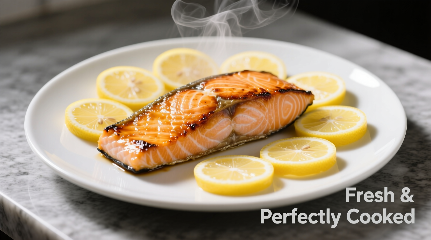Perfectly cooked salmon fillet with lemon slices