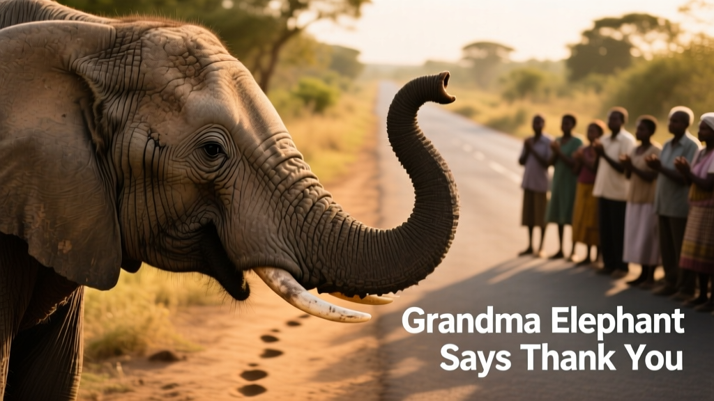Close-up of an elderly female elephant lifting her trunk toward a group of onlookers standing respectfully at the roadside