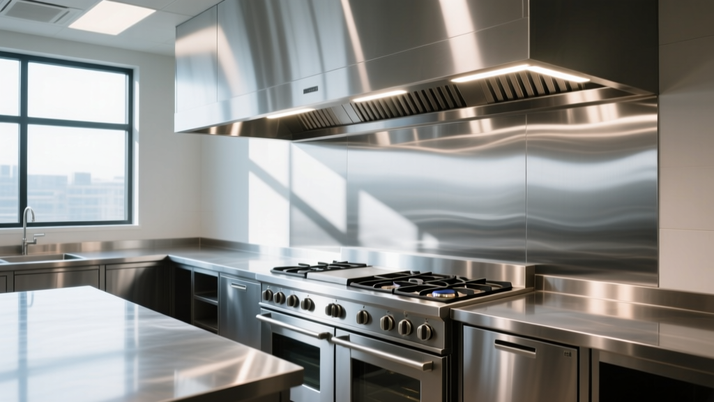 Stainless steel commercial kitchen prep tables and a six-burner range under a stainless steel exhaust hood with bright LED task lighting