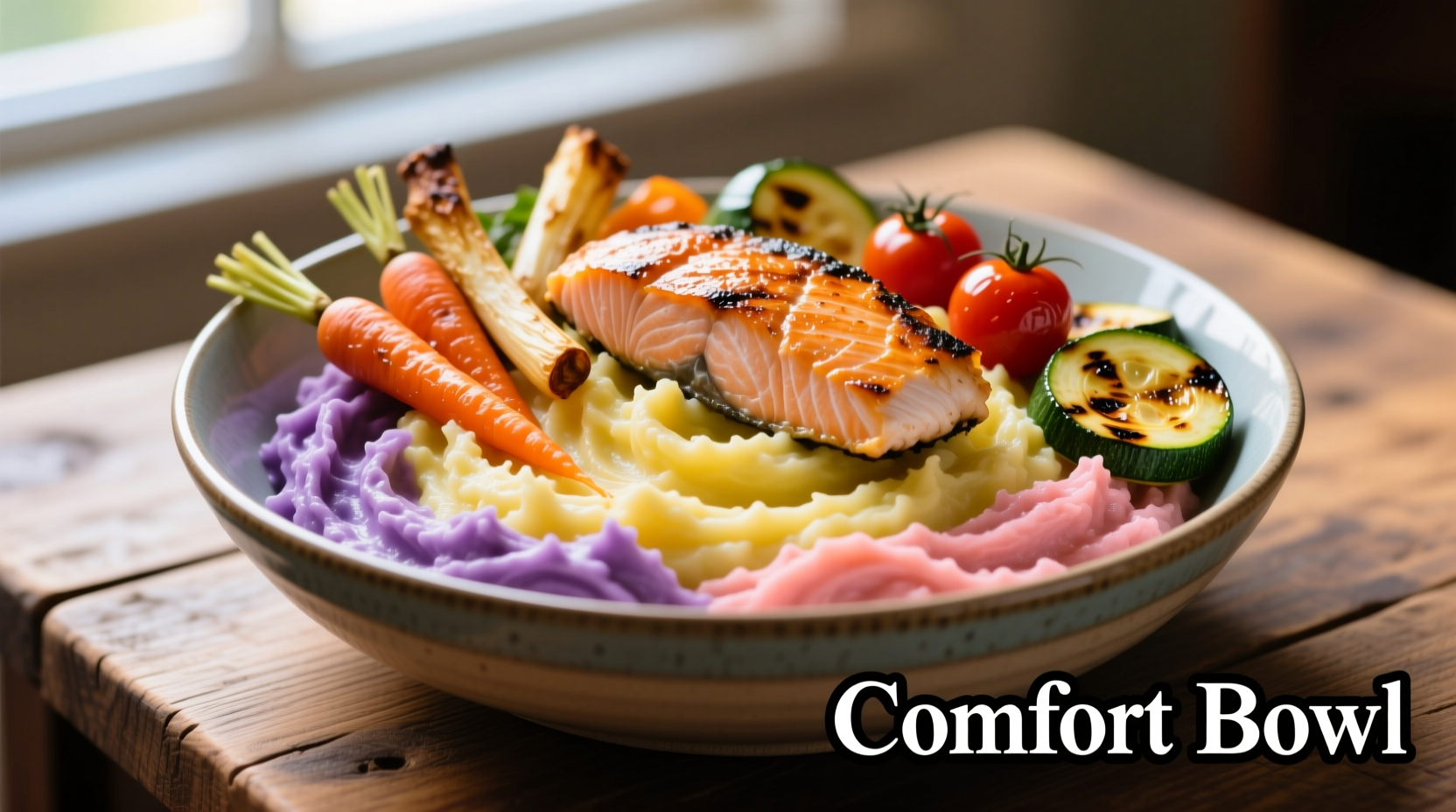 Colorful mashed potato bowl with roasted vegetables and protein