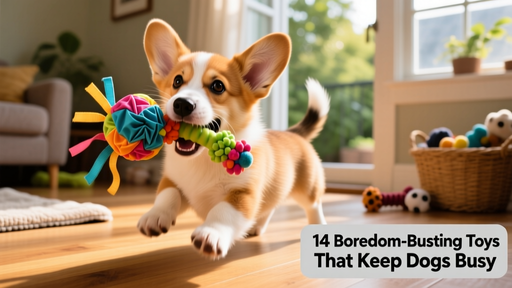 Corgi puppy playing with a stimulating dog toy