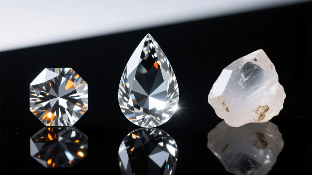 Macro shot comparing three teardrop gems: a flawless Swarovski drop, faceted cubic zirconia, and a raw natural quartz briolette.