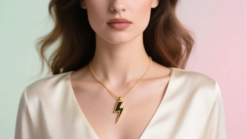 Woman wearing a 38mm gold lightning bolt pendant on an 18-inch chain showing collarbone placement for a retro pop music style.