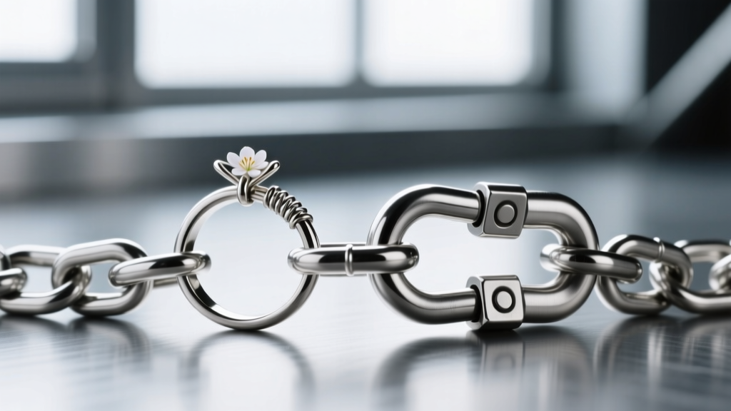 Macro photography comparing a fragile spring ring clasp to a heavy-duty lobster clasp on a thick stainless steel curb chain link