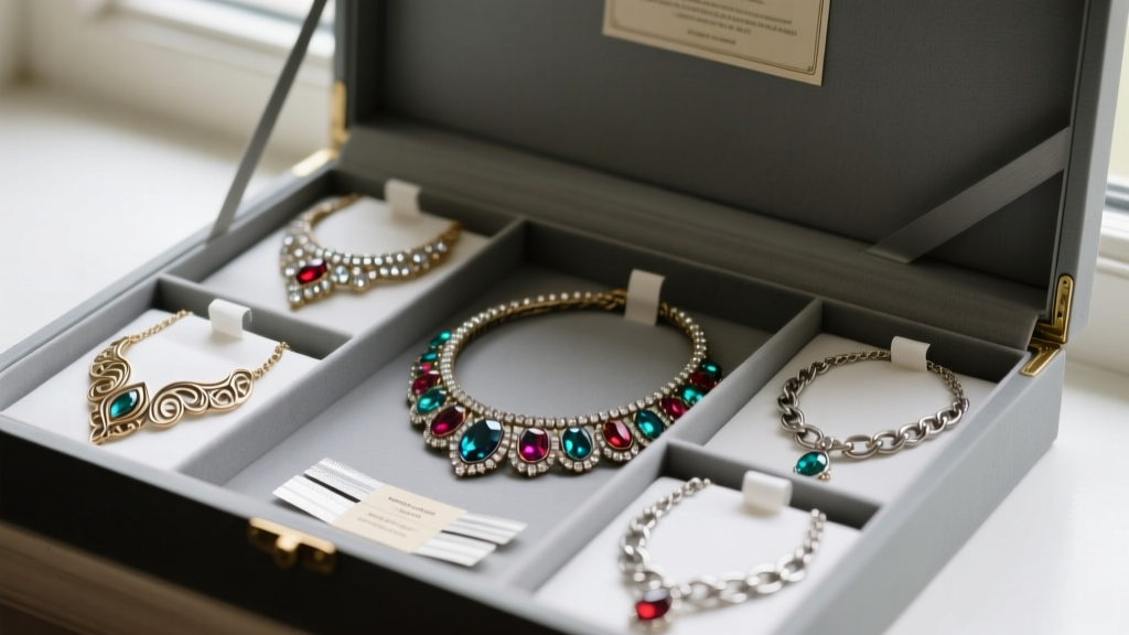 Open archival box showing vintage costume necklaces separated by acid-free tissue paper with anti-tarnish strips tucked inside.