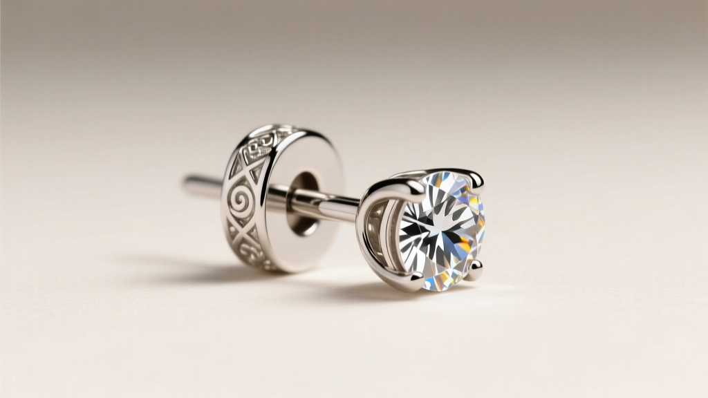 Macro shot of a platinum La Pousette earring lock securing a one-carat diamond stud earring under soft, diffused studio lighting.