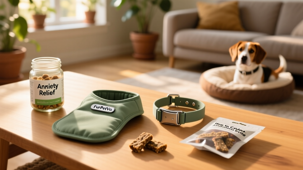 A variety of vet-recommended calming tools laid out neatly: a FurPetVo calming vest, pheromone collar, supplement jar, and chewable treat