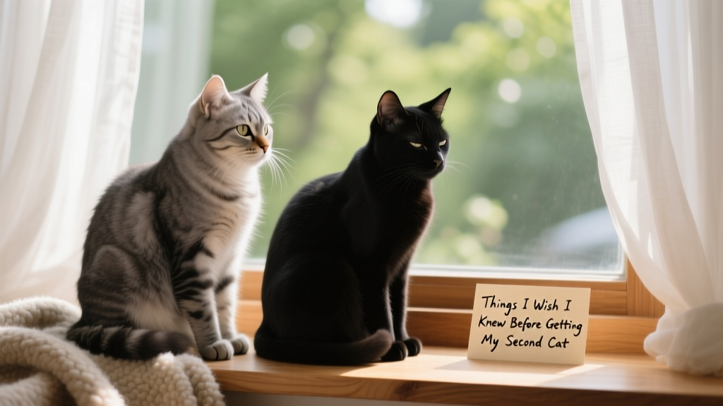 Two cats sitting side by side on a sunlit windowsill, relaxed and calm