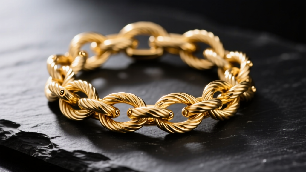 Close-up of a tangled 14k gold cable chain on dark slate, soft directional lighting highlighting the tight knots and delicate links.