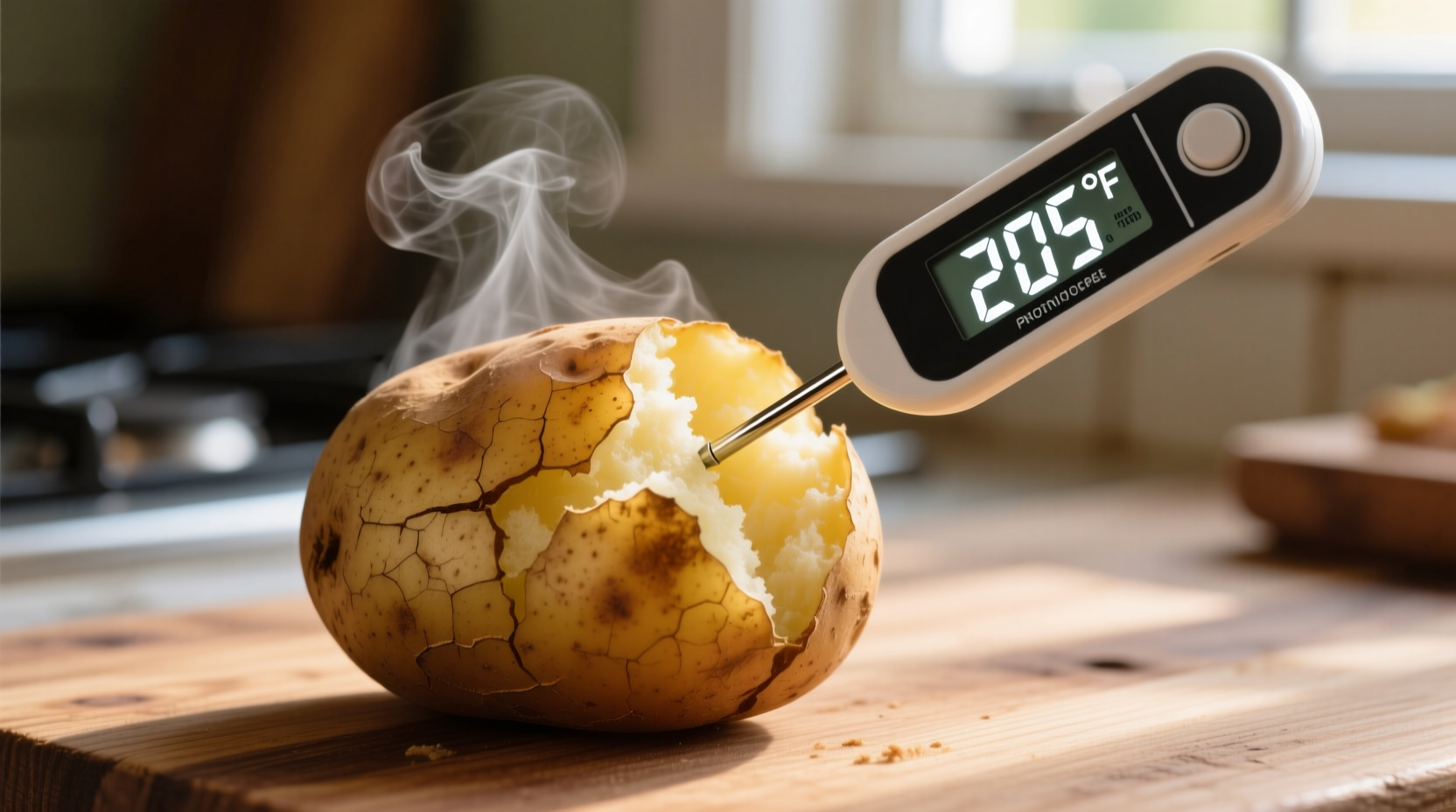Digital thermometer measuring baked potato temperature