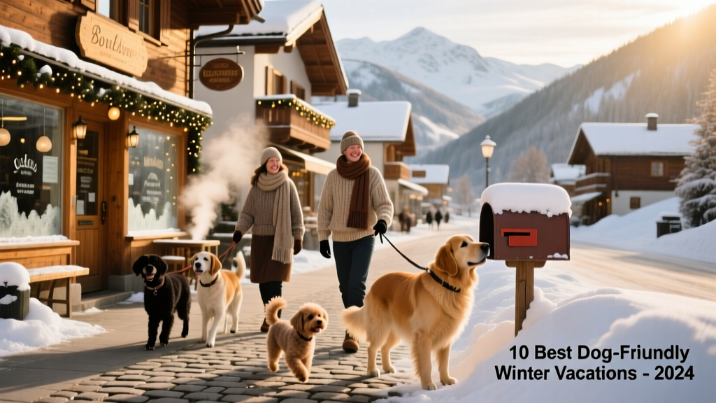 Snowy mountain town with dogs walking along a charming main street lined with boutiques and cafés