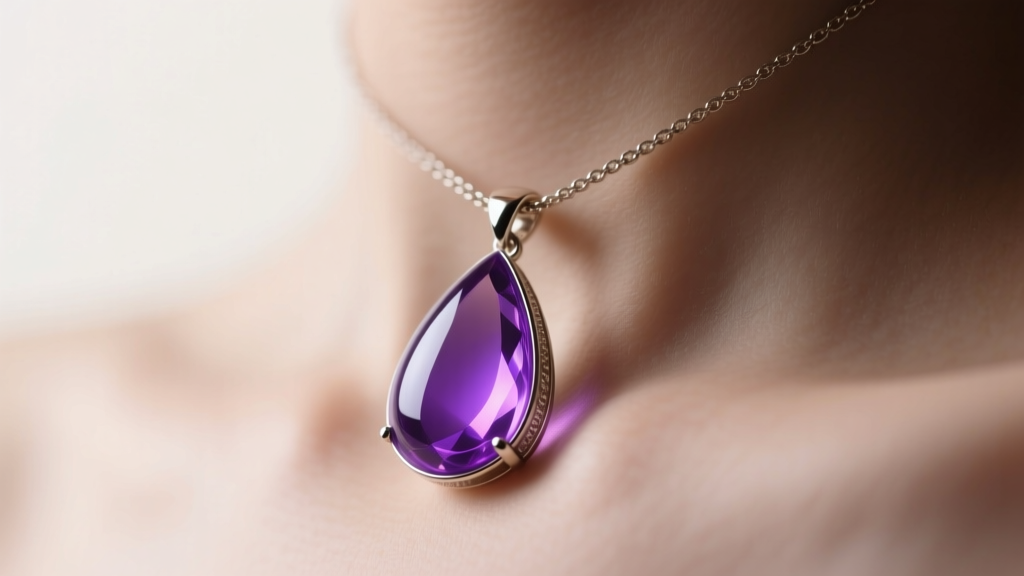 Macro photography of a teardrop-shaped mood necklace pendant glowing deep violet, resting on a collarbone, soft studio lighting