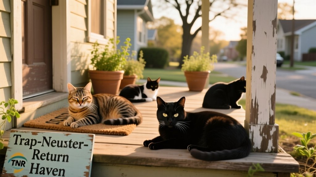A calm outdoor colony of community cats resting near a quiet porch