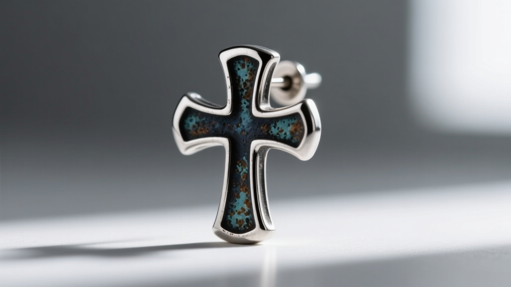 Close-up of an oxidized silver cross earring post, showing contrast between dark crevices and polished high-friction edges.