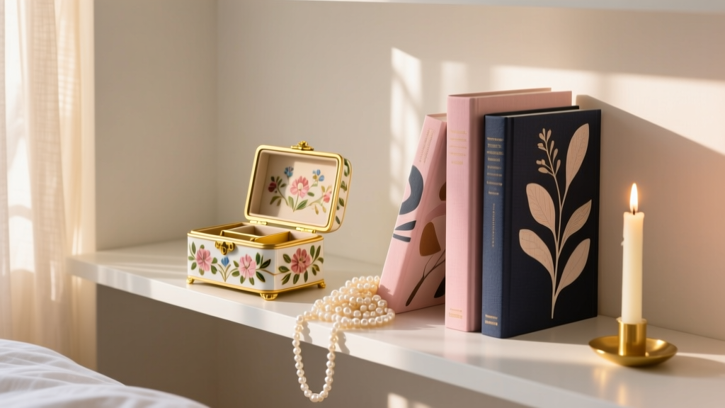 Styled bedroom shelf displaying a floral jewelry box next to art books, a lit candle, and scattered pearl necklaces in warm light