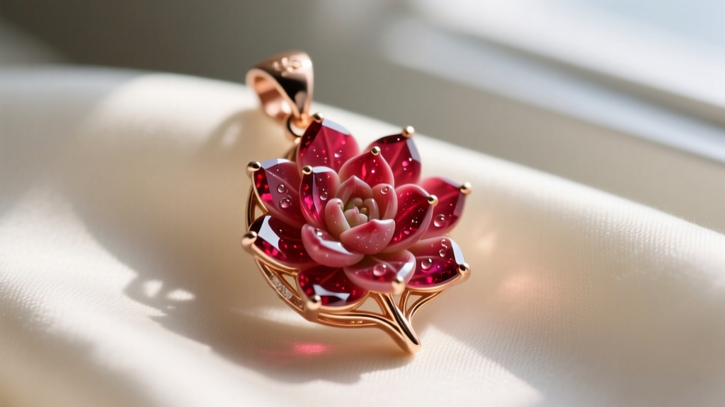 Macro photography of a lab-grown pigeon blood ruby carved into a succulent leaf motif, set in 14k rose gold bezel pendant setting.