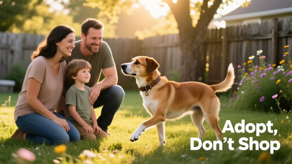 A family calmly meeting a gentle, medium-sized shelter dog in a grassy yard