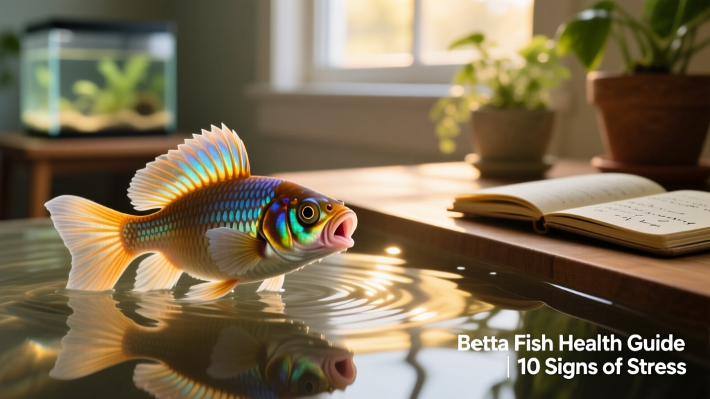 Betta fish near the water surface, mouth slightly open, indicating possible respiratory distress