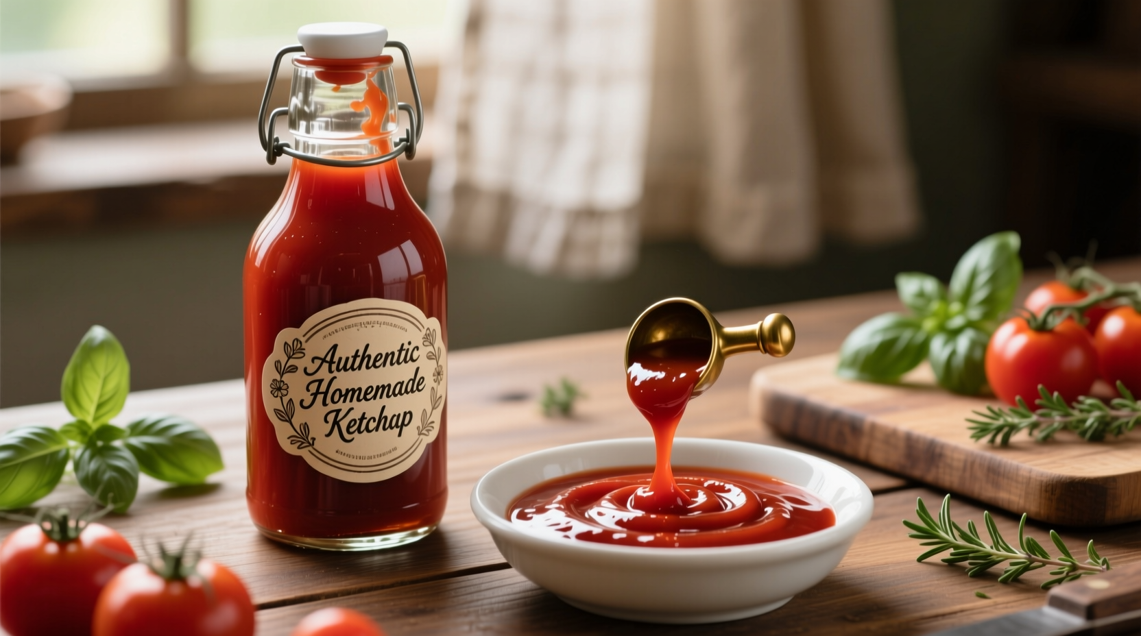Homemade fancy tomato ketchup in glass bottle