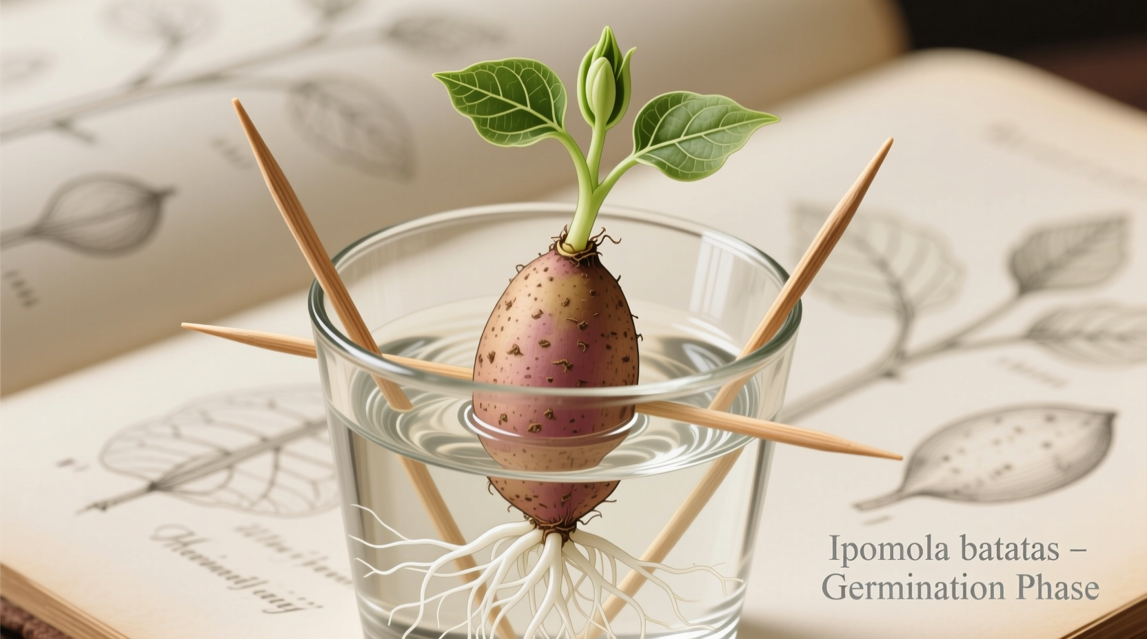 Sweet potato sprouting in water with toothpicks