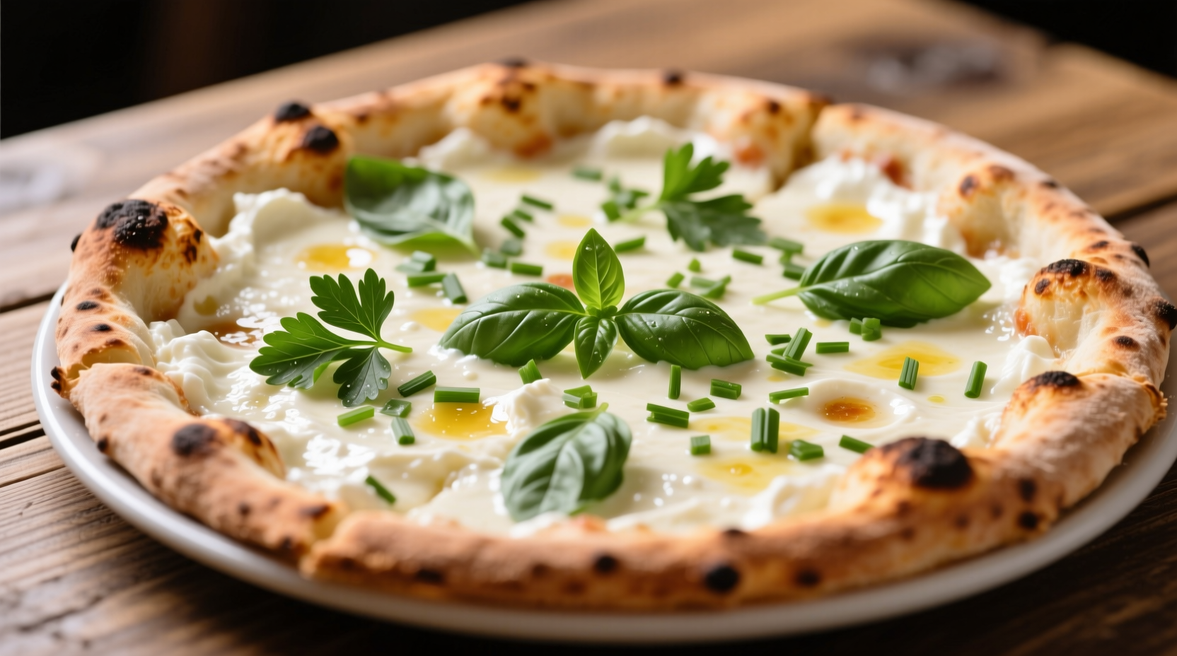 White pizza with ricotta sauce and fresh herbs