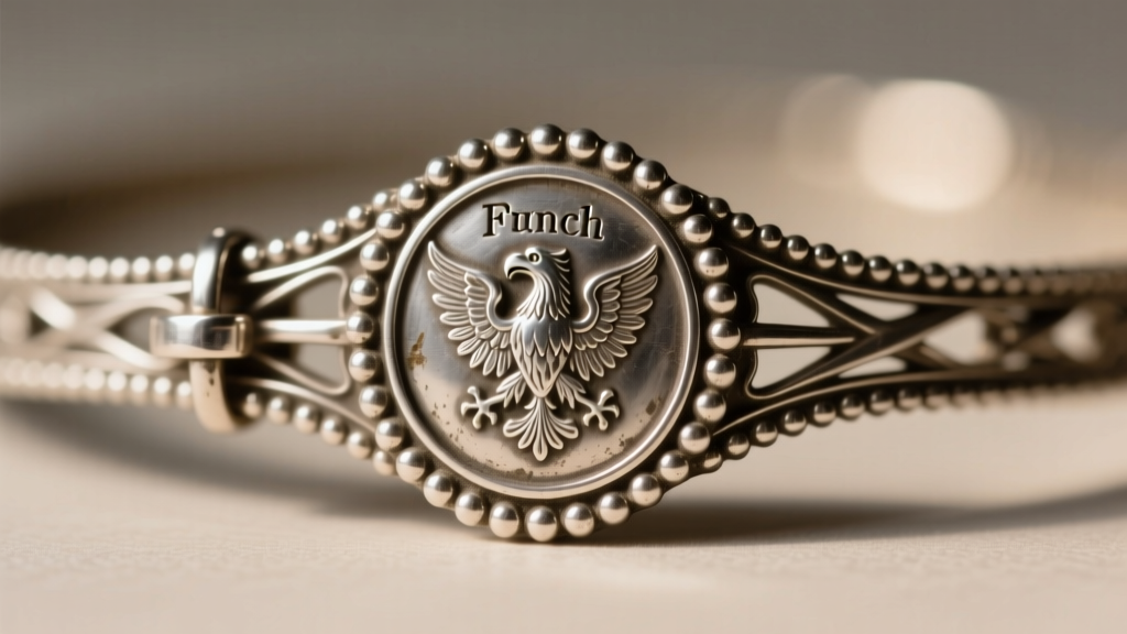Macro photography of an antique platinum choker clasp showing intricate milgrain detailing and a French eagle head hallmark stamp