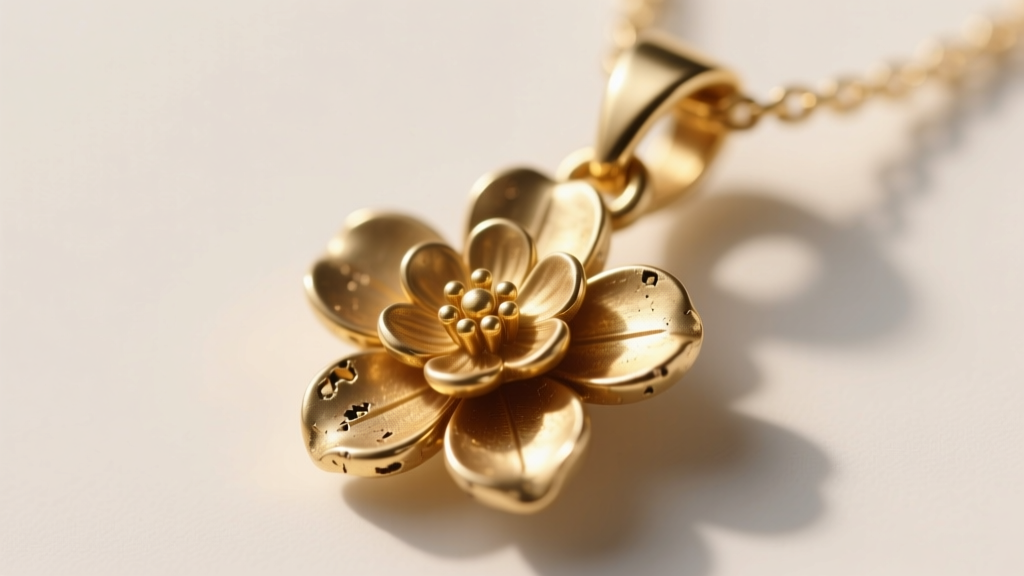 Macro photo of a floral pendant necklace chain clasp showing slight gold plating wear revealing the brass base metal underneath.