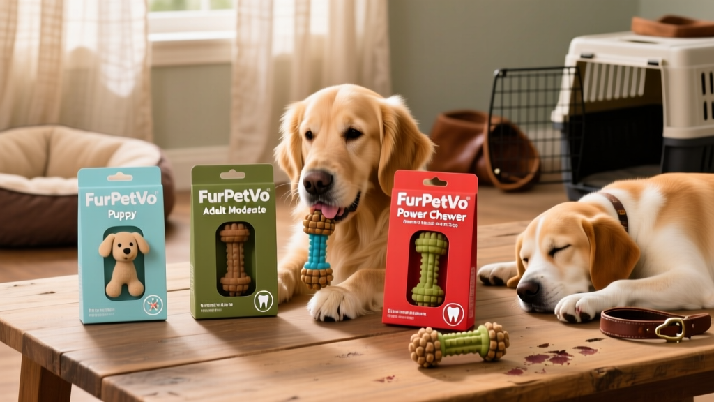 FurPetVo product lineup: three chew toys labeled 'Puppy', 'Adult Moderate', and 'Power Chewer' with color-coded packaging and safety icons