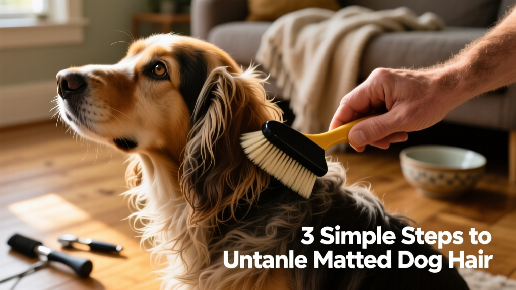 Close-up of a gentle hand using a slicker brush on a long-haired dog's shoulder