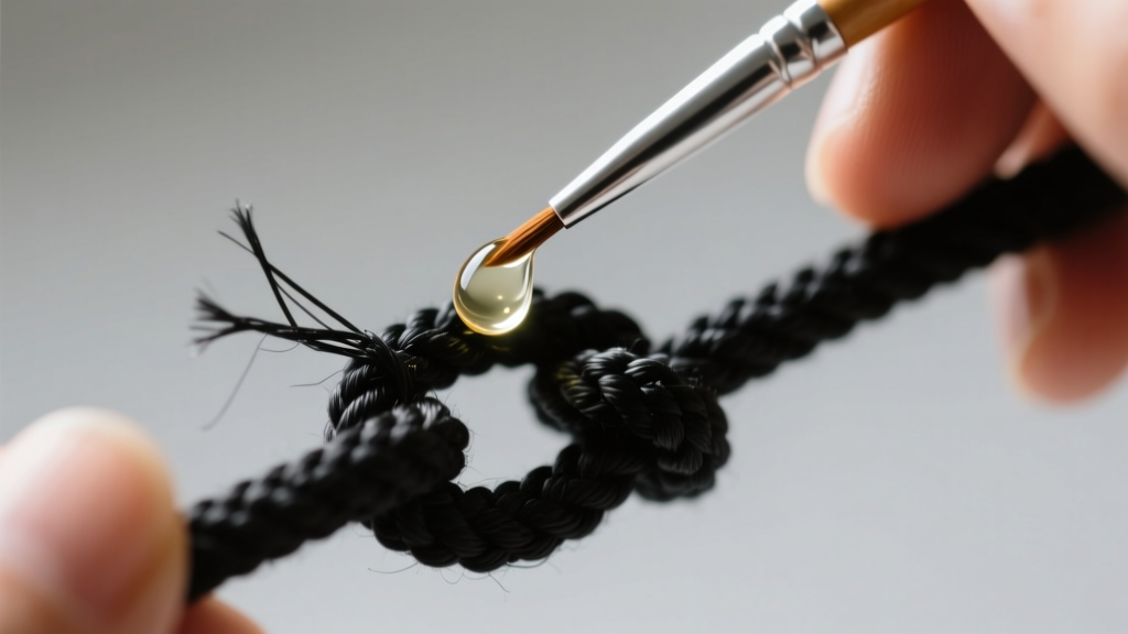 Hands applying a drop of clear microcrystalline wax to a frayed black nylon sliding knot using a fine-tipped brush.