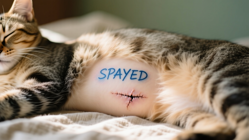 Close-up of a small blue tattoo on a cat's abdomen near the surgical incision site