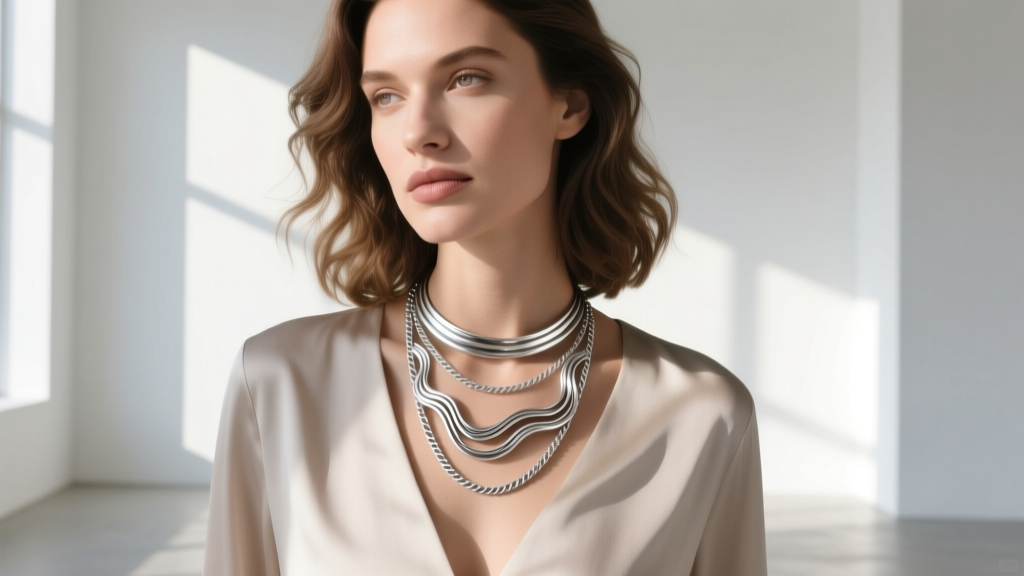 Woman wearing a layered sterling silver wave necklace with a 14-inch choker and 18-inch cable chain in natural daylight.