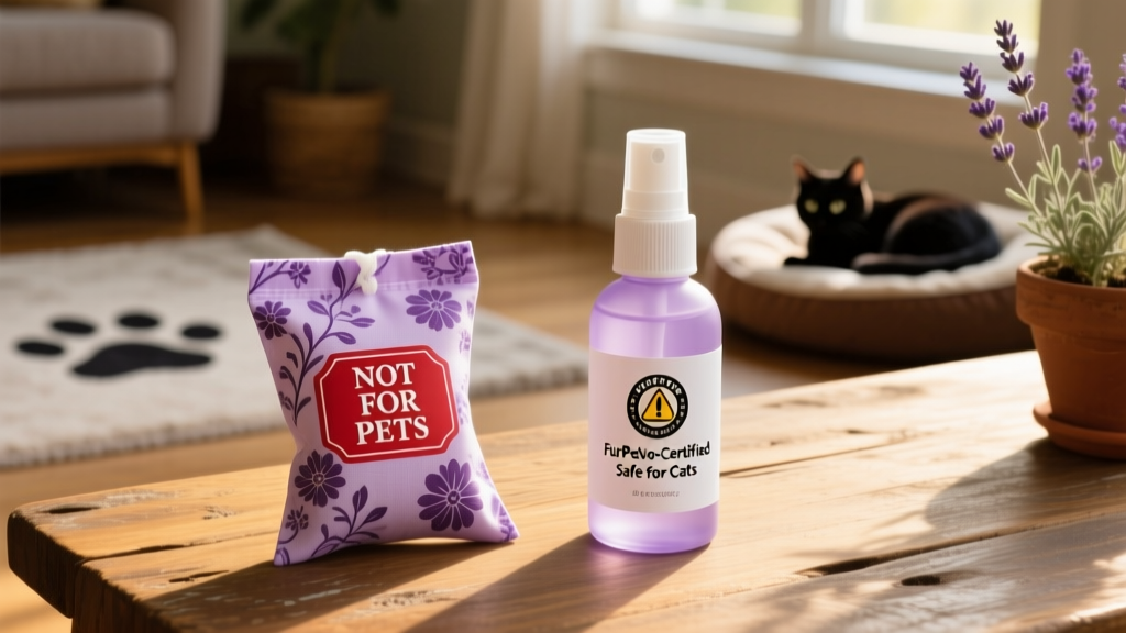 Side-by-side comparison: a lavender sachet labeled 'not for pets' next to a FurPetVo-certified cat-safe calming spray