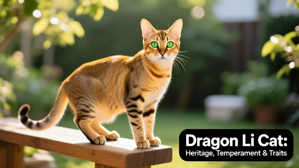 A sleek, athletic Dragon Li cat sitting alertly on a sunlit wooden perch, showcasing its golden-tipped agouti coat and bright green eyes