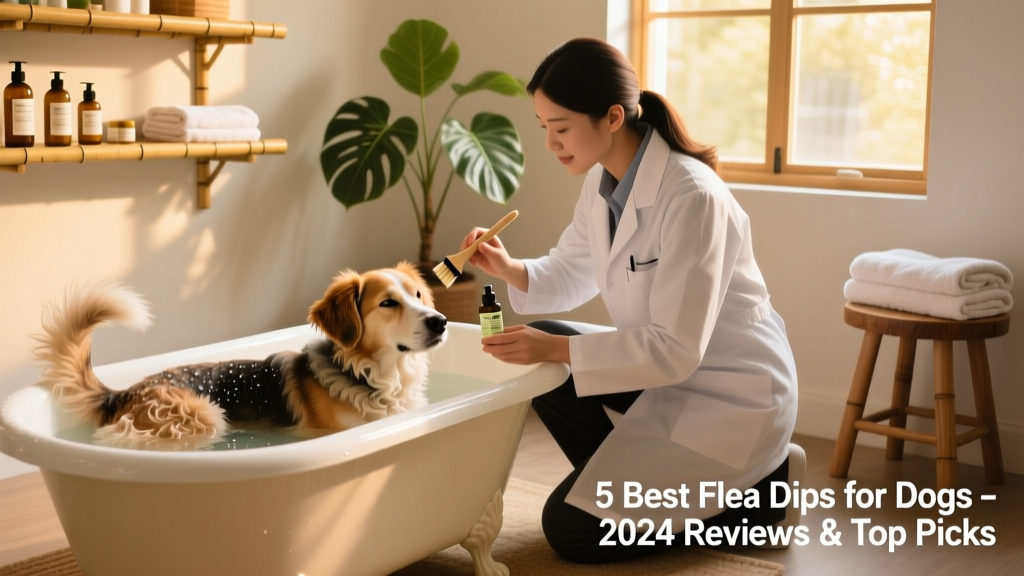 A veterinarian gently applying a flea dip to a calm, medium-sized dog in a tub