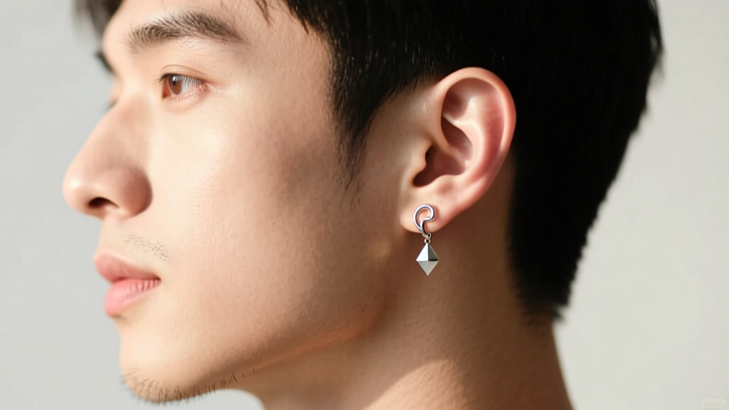 Side profile of a man showing a helix cartilage piercing featuring a small geometric silver drop earring, soft natural window light