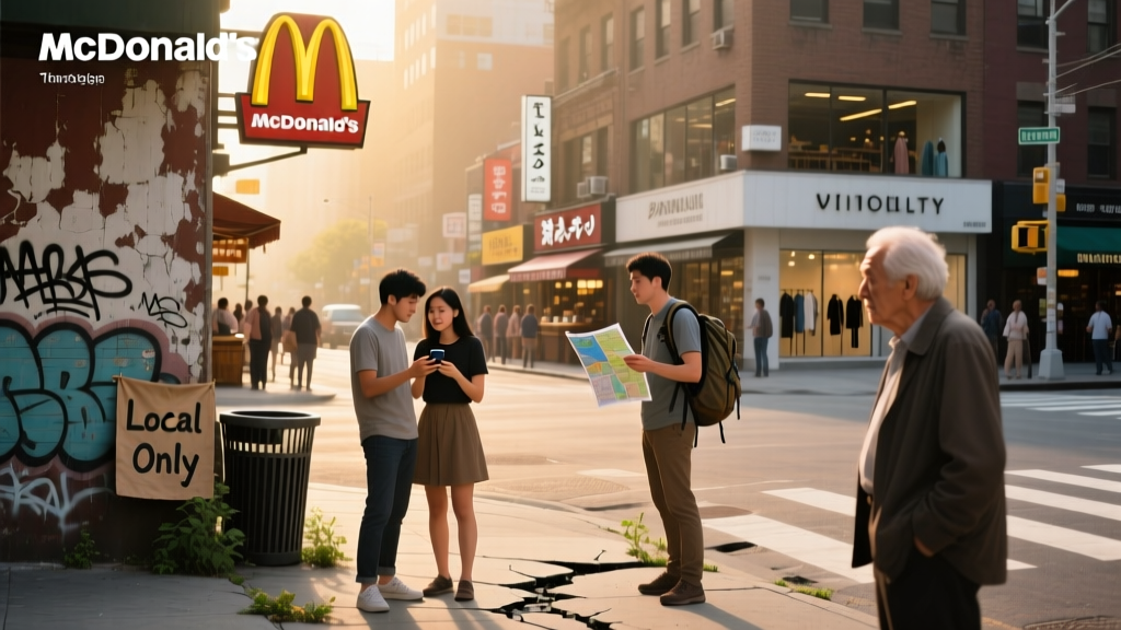 a McDonald's sign in the streets of a tourist area