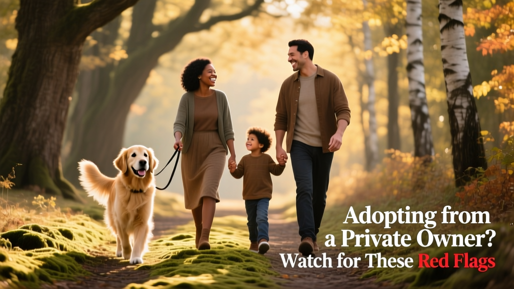 A joyful family walking their newly adopted dog along a tree-lined path, smiling and relaxed