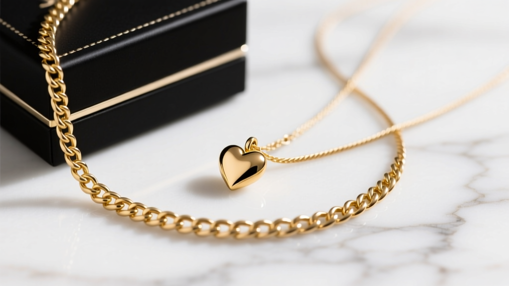 Flat lay of gold rolo, box, and cable chains next to a small 12mm polished gold heart charm on a white marble surface background.