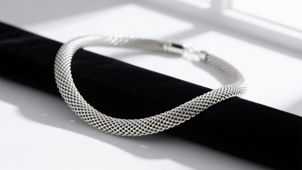 Flat lay of a sterling silver Milanese mesh necklace draped over black velvet, soft studio lighting highlighting the metallic weave.