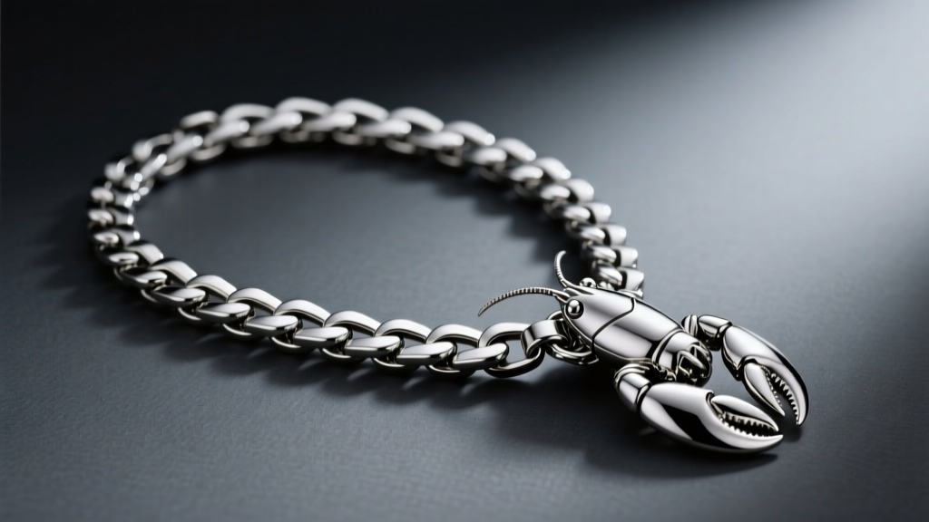 Brushed 316L stainless steel figaro necklace chain with a heavy lobster clasp resting against a moody dark grey studio background