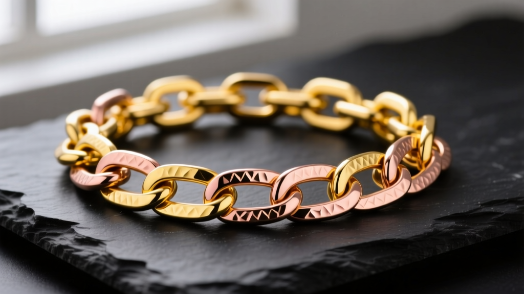 Macro shot of interlocking 14k yellow and rose gold chain links on dark slate, highlighting the distinct warm color contrast.